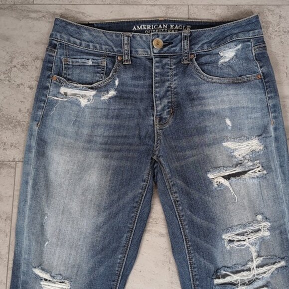 American Eagle Tomgirl Jeans Ripped Destroyed Super Stretch Slim Leg Denim - Picture 3 of 16
